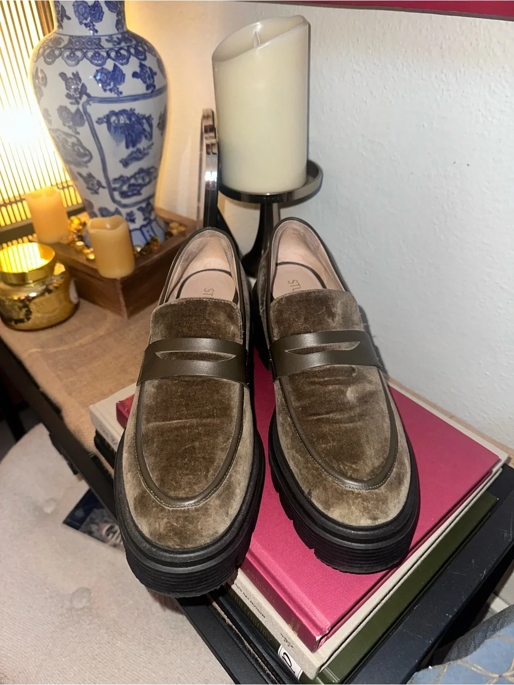 Stuart Weitzman Soho Olive Velvet Lug Sole Loafers